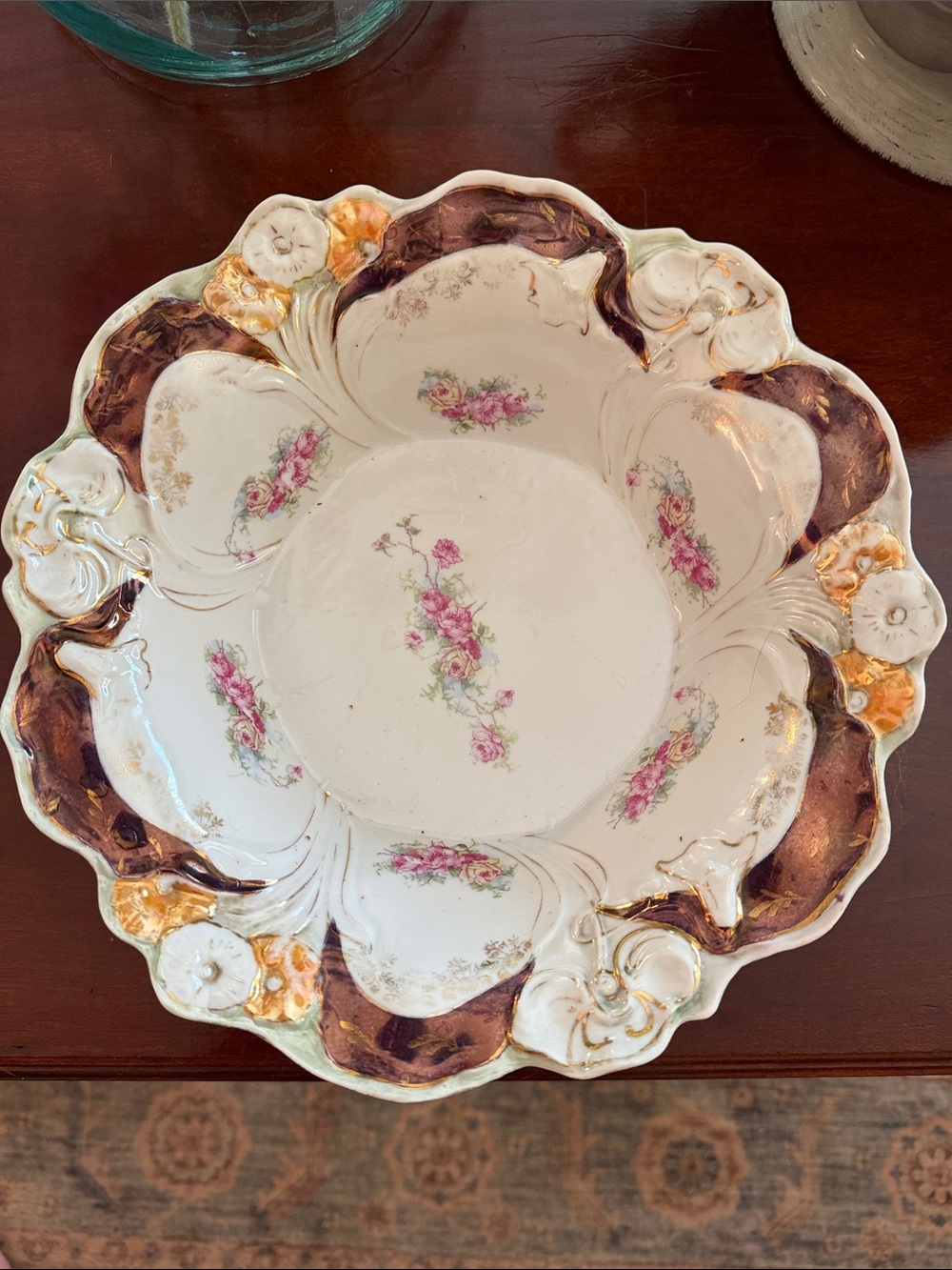 Stunning Victorian Art Nouveau Bowl Unmarked with Blown Out Design.